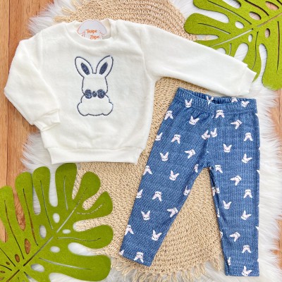 Conj. Casaco de Pelinho e Calça Legging Coelhinhas - Off White e Azul